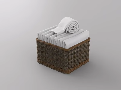 White Towels Folded And Rolled In Wicker Basket For Bathroom Storage 3d model