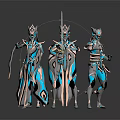 Three Humanoid Creatures in Turquoise and Silver Armor Posing Together with Futuristic Designs