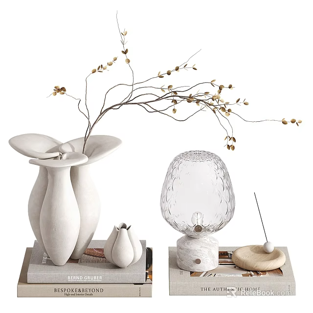 Decorative Ornament Set For Modern Home Decor With White Ceramic Vase Glass Ornament And Branches 3d model 