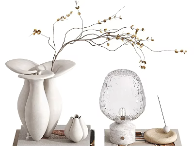 Decorative Ornament Set For Modern Home Decor With White Ceramic Vase Glass Ornament And Branches 3d model