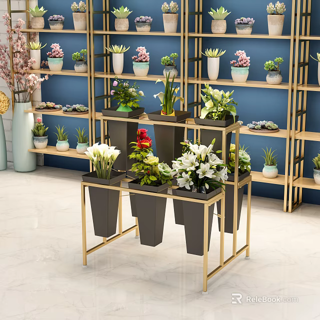 Stylish Garden Decor With Metal Frame Plant Stand And Various Potted Flowers 3d model 