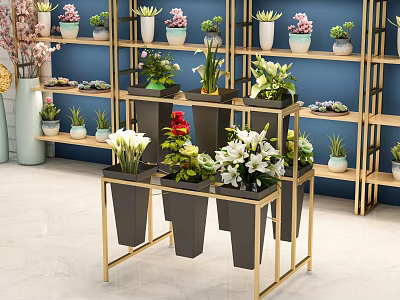 Stylish Garden Decor With Metal Frame Plant Stand And Various Potted Flowers 3d model