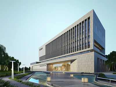 Modern Office Building With Glass Curtain Wall Stone Exterior And Landscaped Water Features 3d model