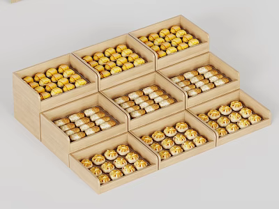 Wooden display shelves with gold and white round pastries neatly arranged in compartments 3d model