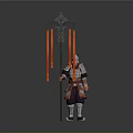 Man in Traditional Armor Holding Decorative Long Pole With Red Banners