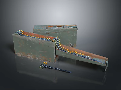 Rusty Green Military Weapon Ammunition Case With Arranged Bullets Metal Chute And Scattered Bullets 3d model