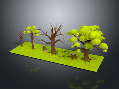 Green Grass With Trees In Lush Foliage Bare Trunks Small Sapling Stone And Mushrooms 3d model
