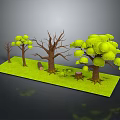 Green Grass With Trees In Lush Foliage Bare Trunks Small Sapling Stone And Mushrooms