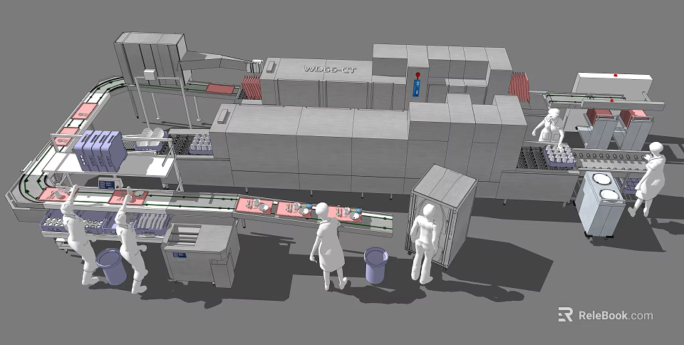 Industrial Commercial Kitchen Appliances Production Line With Workstations And Operators 3d model 