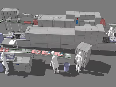 Industrial Commercial Kitchen Appliances Production Line With Workstations And Operators 3d model