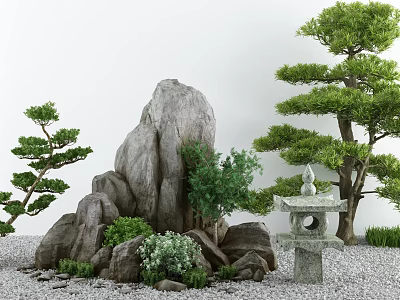 Zen Karesansui Dry Landscape Garden With Large Rocks Raked Gravel Moss And Stone Lantern 3d model