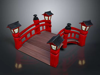 Traditional Japanese Style Red Bridge With Wooden Deck Black Roofs And Lanterns 3d model