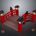 Traditional Japanese Style Red Bridge With Wooden Deck Black Roofs And Lanterns