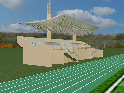 Outdoor Stadium Stand With Canopy And Running Track On Green Grass Field 3d model