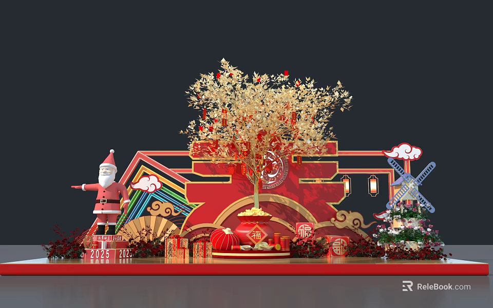 Christmas New Year Photo Spot With Santa Golden Tree Red Backdrop Windmill And Lanterns 3d model 