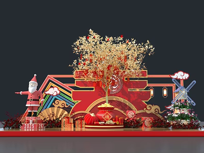 Christmas New Year Photo Spot With Santa Golden Tree Red Backdrop Windmill And Lanterns 3d model