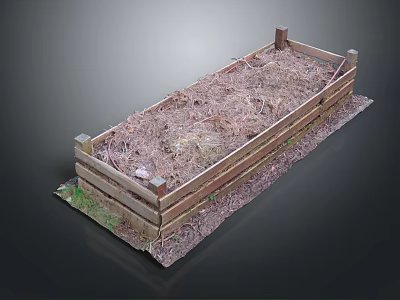Wooden Rectangular Planter Box Filled With Mulch And Green Grass On Dark Background 3d model