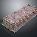 Wooden Rectangular Planter Box Filled With Mulch And Green Grass On Dark Background