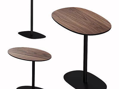 Modern Walnut Wood Grain Side Tables With Oval Tabletop And Black Metal Stand 3d model