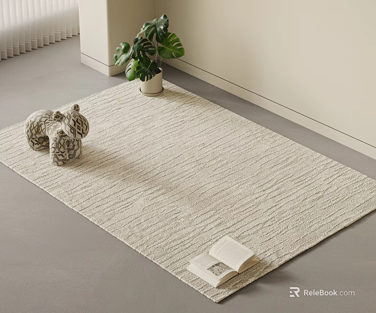 Neutral Woven Square Rug with Decorative Figurine Potted Plant and Open Book for Living Room 3d model 