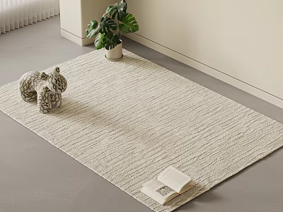 Neutral Woven Square Rug with Decorative Figurine Potted Plant and Open Book for Living Room 3d model