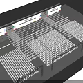 Modern Event Venue Setup With Purple Seats Stage Screens And Blue Lighting