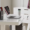 Modern Study Room Interior With White Desk Gray Chair Laptop Pendant Lamp And Window Blinds