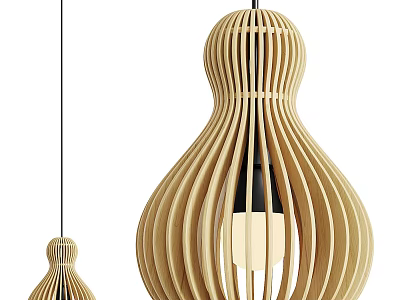 Modern Wooden Pendant Light With Curved Slat Design And Exposed Light Bulb 3d model