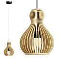 Modern Wooden Pendant Light With Curved Slat Design And Exposed Light Bulb