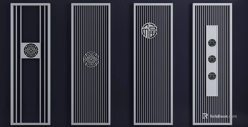 Chinese Style Decorative Partition With Vertical Slats And Circular Patterns 3d model