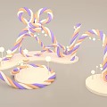 Decorative Art Installation With Orange Purple Braided Ropes White Stars Round Lights And White Base