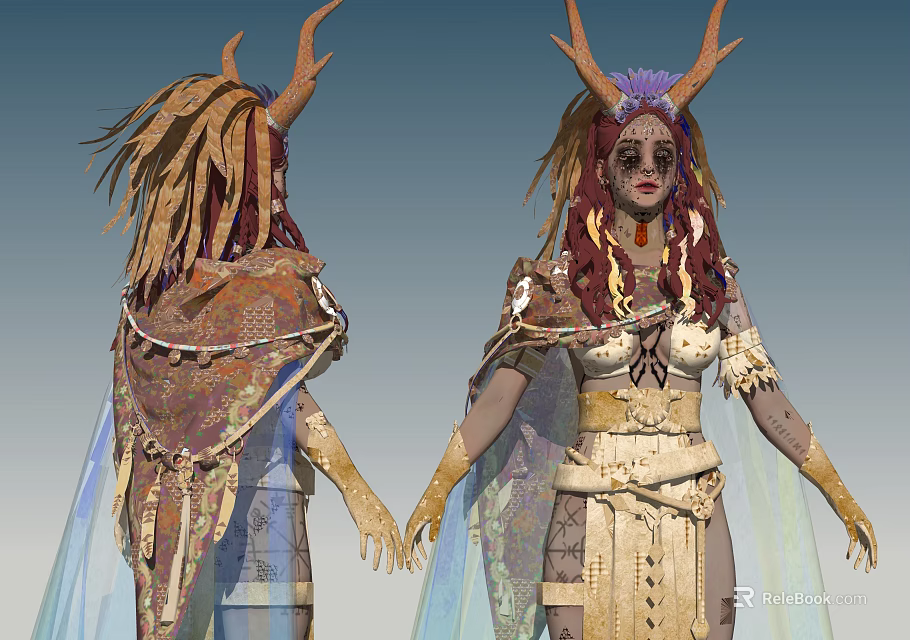 Game and Movie Character With Horns Long Hair And Tribal Mystical Decorative Outfits 3d model 