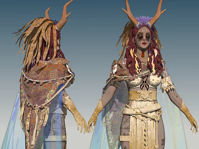 Game and Movie Character With Horns Long Hair And Tribal Mystical Decorative Outfits 3d model