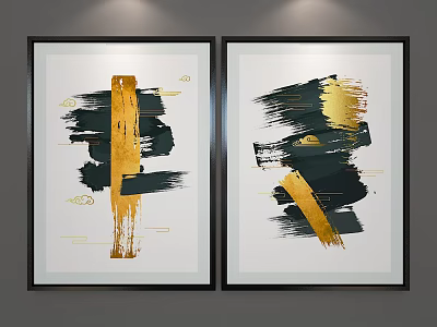Modern Abstract Paintings With Black Frames Gold Brushstrokes And Geometric Elements 3d model