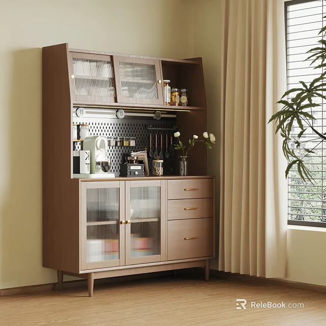 Modern Wooden Sideboard With Glass Doors Open Shelves And Decorative Items 3d model 