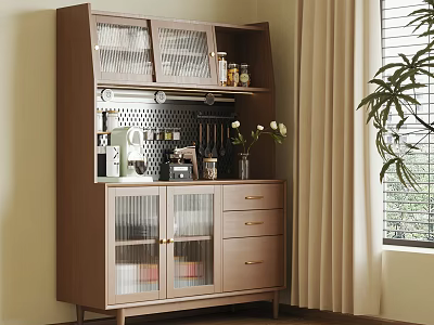 Modern Wooden Sideboard With Glass Doors Open Shelves And Decorative Items 3d model