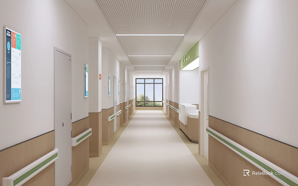 Elevator Corridor Interior With White Walls Wooden Handrails Green Stripes Windows And Doors 3d model 