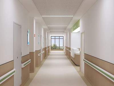 Elevator Corridor Interior With White Walls Wooden Handrails Green Stripes Windows And Doors 3d model