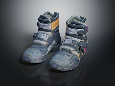 Vintage Style High Top Shoes With Blue Yellow Gray Color And Worn Look Velcro Straps 3d model