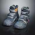 Vintage Style High Top Shoes With Blue Yellow Gray Color And Worn Look Velcro Straps