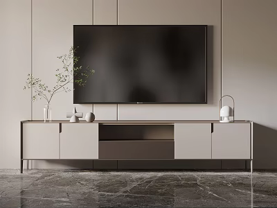 Modern TV Stand In Living Room With TV Screen Decorative Vase And Lamp 3d model