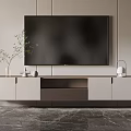 Modern TV Stand In Living Room With TV Screen Decorative Vase And Lamp