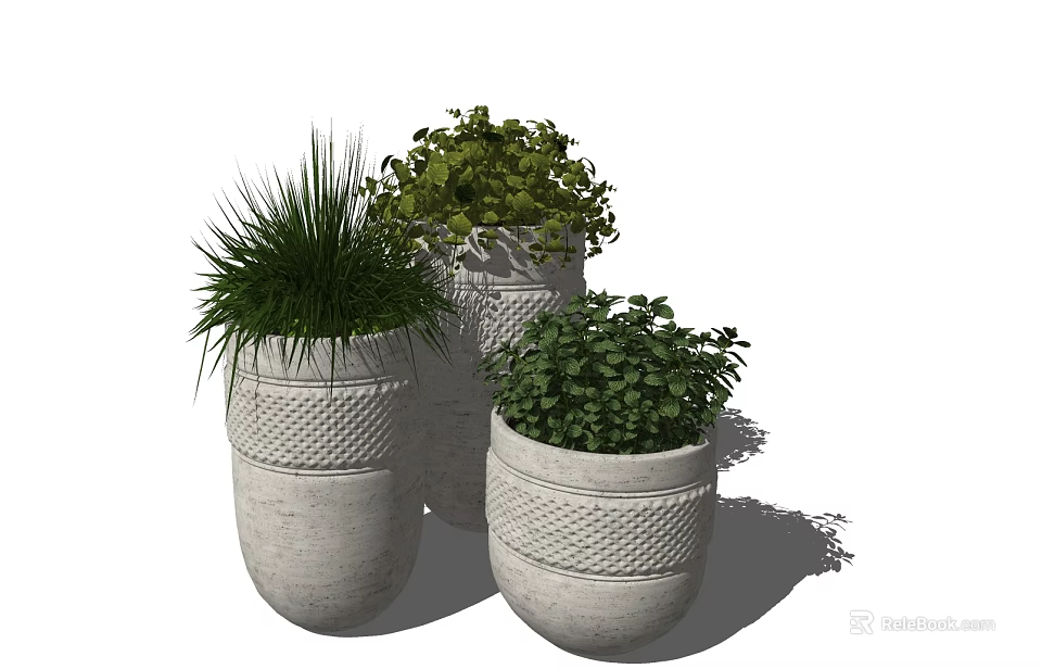 Three Potted Bonsai Plants in Concrete Pots with Woven Texture and Green Foliage 3d model 