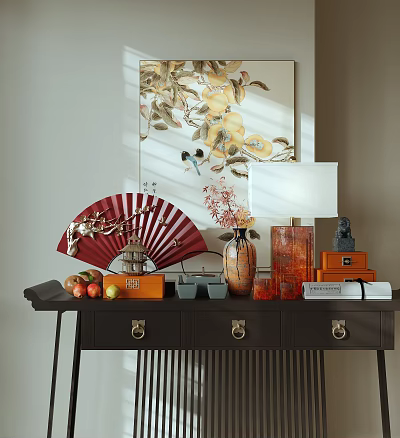 Decorative Ornament Set with Red Fan Vases Lamp Statue Fruits Boxes and Floral Bird Painting 3d model