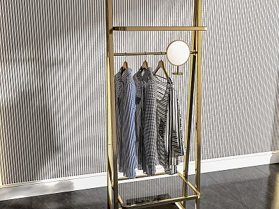 Golden Metal Clothes Rack With Hanging Shirts Dresses And Round Light Fixture 3d model