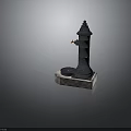 Black Fire Hydrant With Hexagonal Concrete Base Pointed Top Orange Outlet And Round Cover