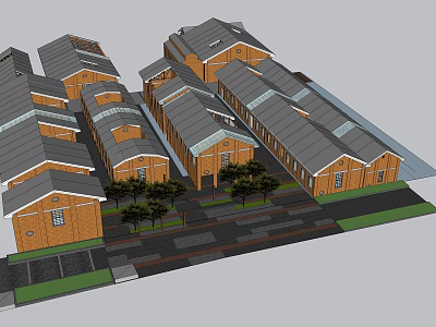 Red Brick Buildings Neatly Arranged With Grey Roofs And Tree Lined Streets 3d model