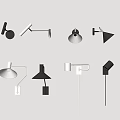 Various Black And White Wall Lamps With Different Shapes Mounted On Light Colored Wall 3d model