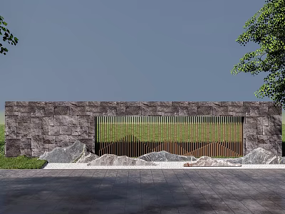 Stone and Metal Grille Feature Walls with Surrounding Rocks Trees and Pavement 3d model