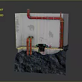 Industrial Style Washbasin With Exposed Red Pipes Gray Rock Base And White Wall